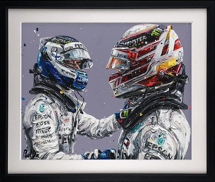 Hamilton and Bottas 18 Framed Signed Limited Edition Print on Paper by Artist Paul Oz